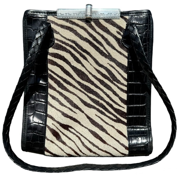 Brighton Leather Zebra Shoulder Bag, Croc accent, Red Canvas Lining VTG, Silver - Picture 1 of 15
